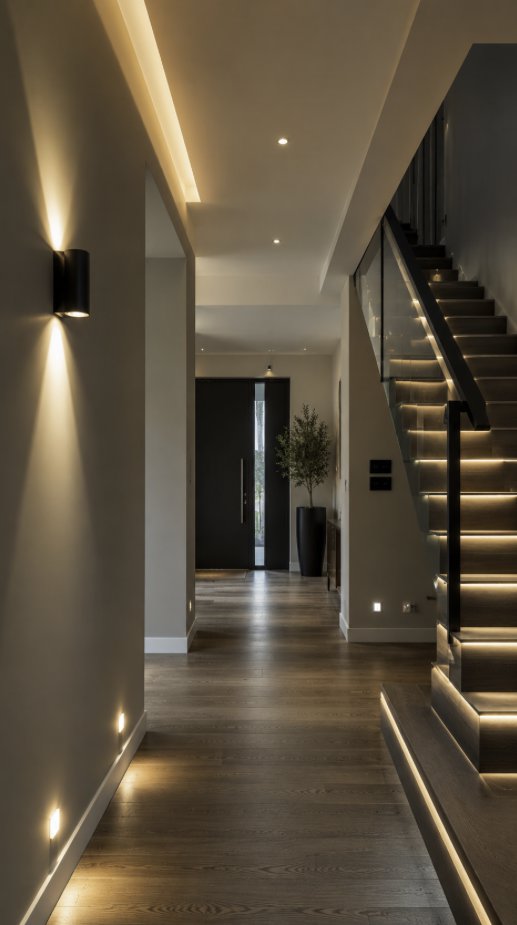Modern home interior with ambient lighting